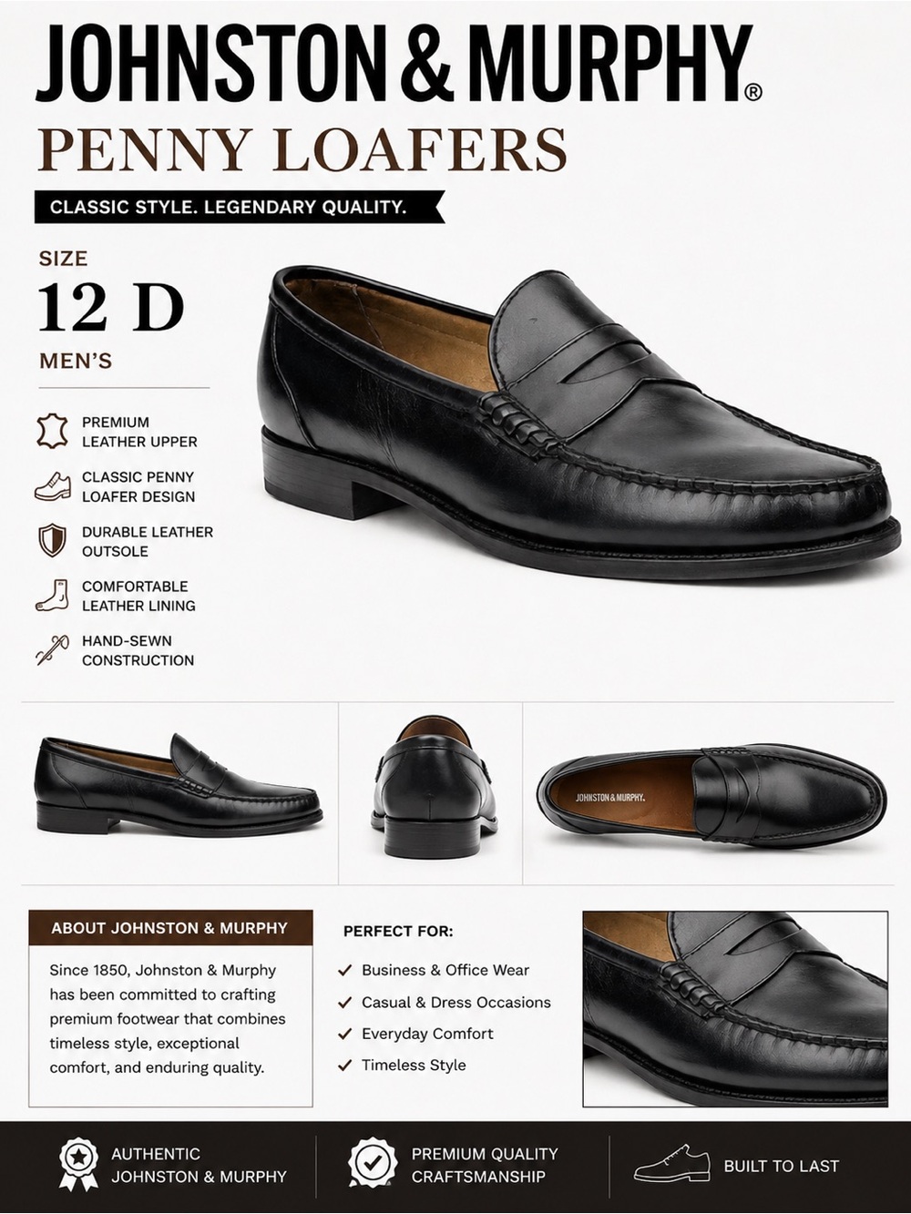 Johnston & Murphy Black Leather Penny Loafers Mens 12D Dress Slip On USA